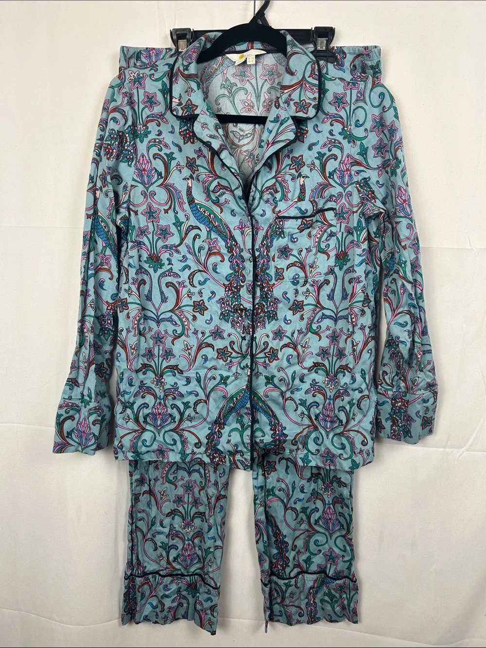 Boden Turquoise Peacock Print Pajama Set with Pink, Blue and Teal Accents